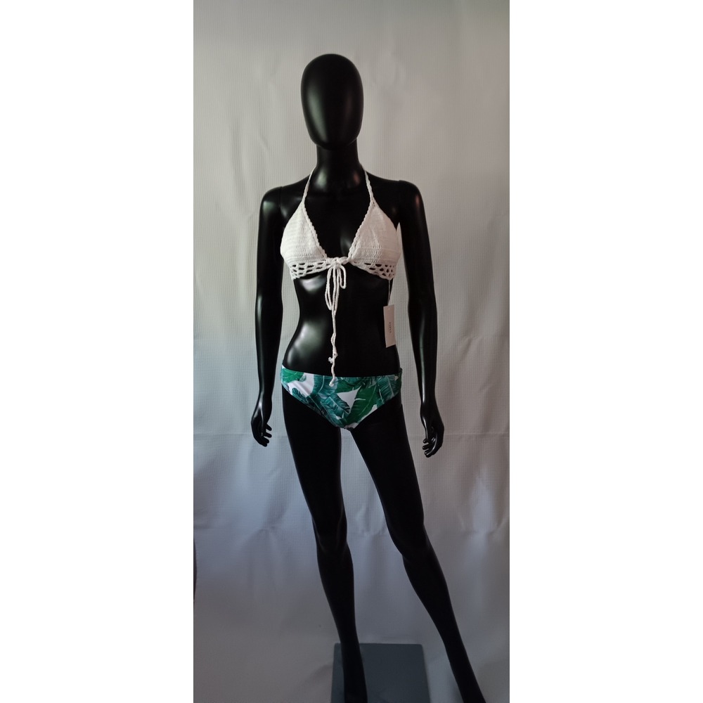 Zaful 2 Piece Swimwear Crochet Halter Top Green Palm Floral Bikini Set Large